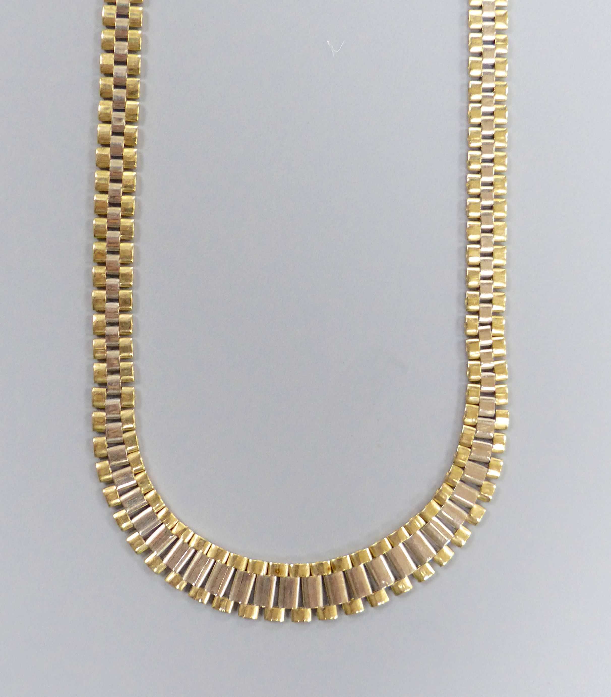 A modern two colour gold flat link necklace, 37cm,